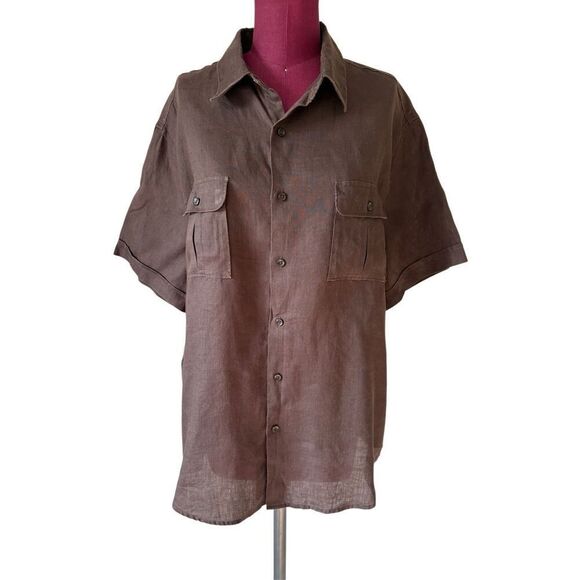 Perry Ellis Linen Button Down Shirt size XL Brown Unisex - Picture 1 of 6